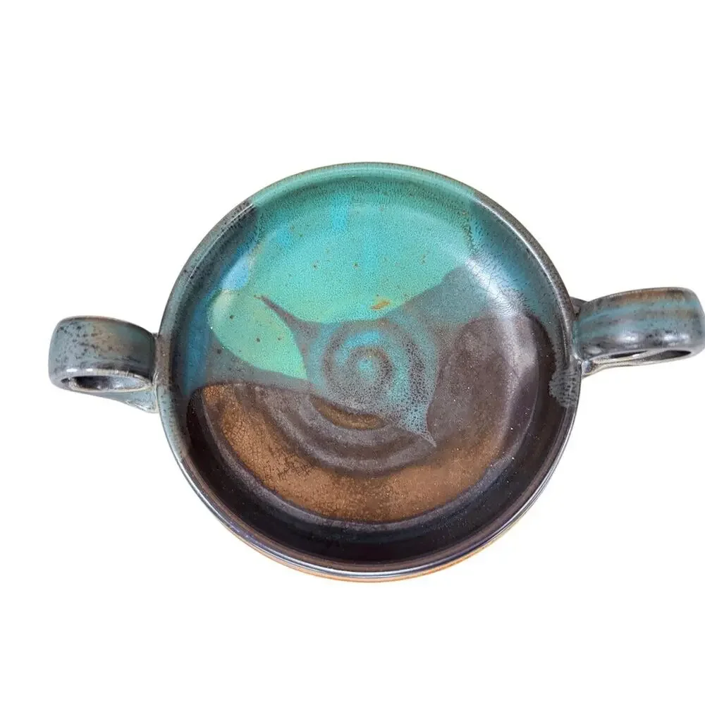 Studio Pottery Double Handle Bowl Turquoise Brown Art Pottery Dish Signed 9.5